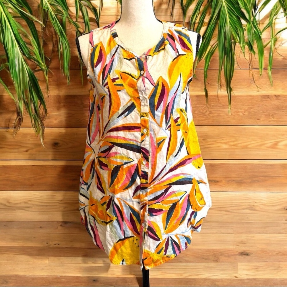 C&C CALIFORNIA 100% Linen Tropical Lemon Print Sleeveless Tunic Top - Medium
